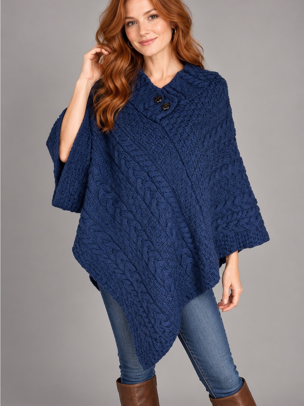 Aran Sweater Market Size S/M Blue Cable Knit 100% Merino Wool Pullover Poncho